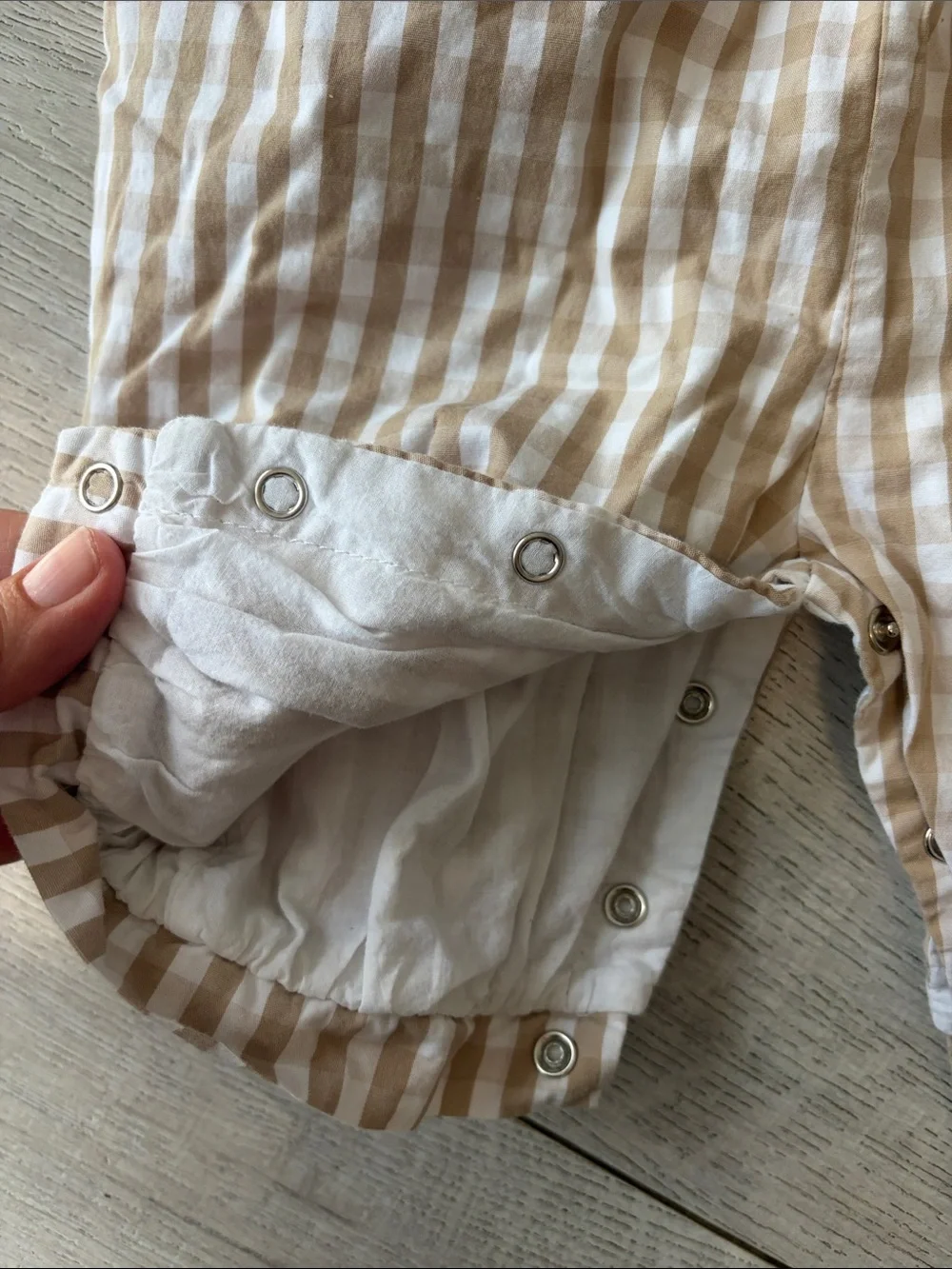 Cecil and Lou size 9 months bibbed gingham print tan blue ribbon romper long
